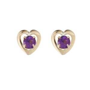 gold gemstone heart studs in 9ct Yellow Gold with Amethyst centre stones, front view on a white background