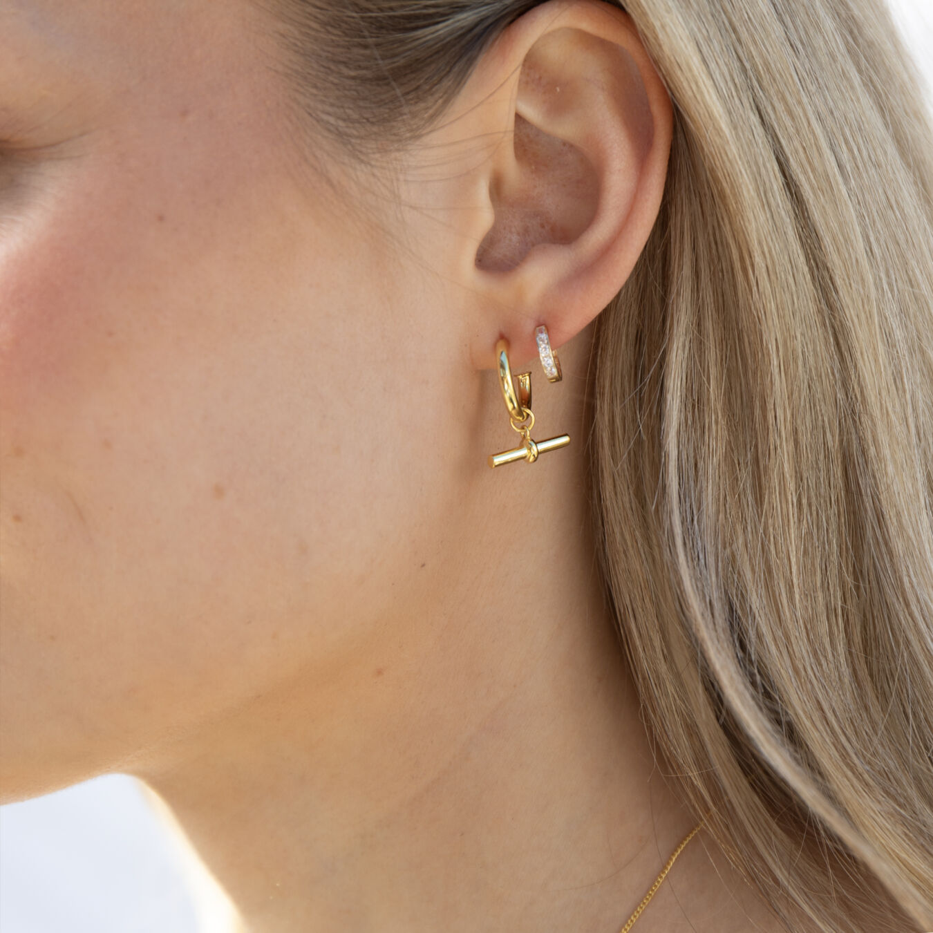 18ct Yellow Gold Sterling Silver T Bar Hoop Stud Earrings