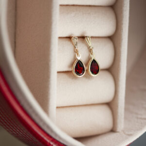 andralok garnet detailed bezel drop earrings in 9ct yellow gold