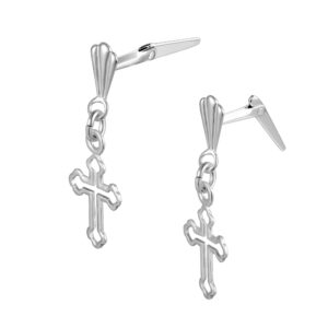 silver cross drop earrings showing Andralok back fitting
