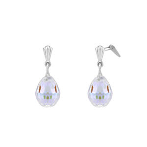 silver aurora borealis crystal earrings in Sterling Silver on a white background, front and angled view