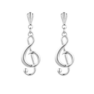 front view sterling silver treble clef drop earrings