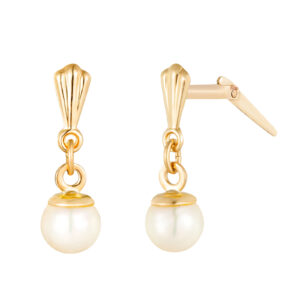 gold 5mm pearl drop earrings in 9ct Yellow Gold with one front view and one side view