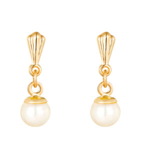 gold 5mm pearl drop earrings shown styled on a book with fine gold chain detail