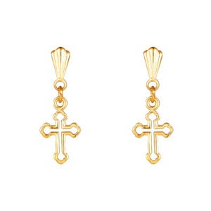 front view 9ct gold club cross drop stud earrings