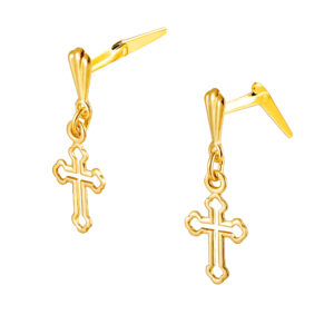 side view Andralok cross drop earrings showing back fitting