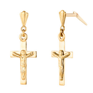 Side profile of 9ct gold crucifix earrings with Andralok hinge
