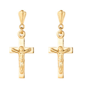 9ct yellow gold crucifix drop earrings front view