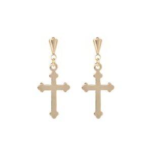 9ct yellow gold trefoil cross drop earrings front view