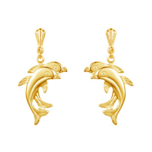 9ct yellow gold twin dolphin drop earrings front view
