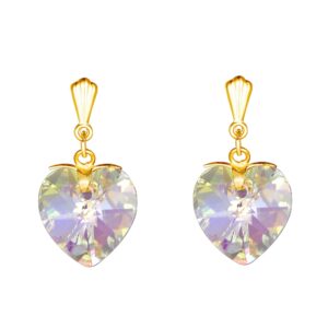 9ct yellow gold faceted crystal heart drop earrings front view