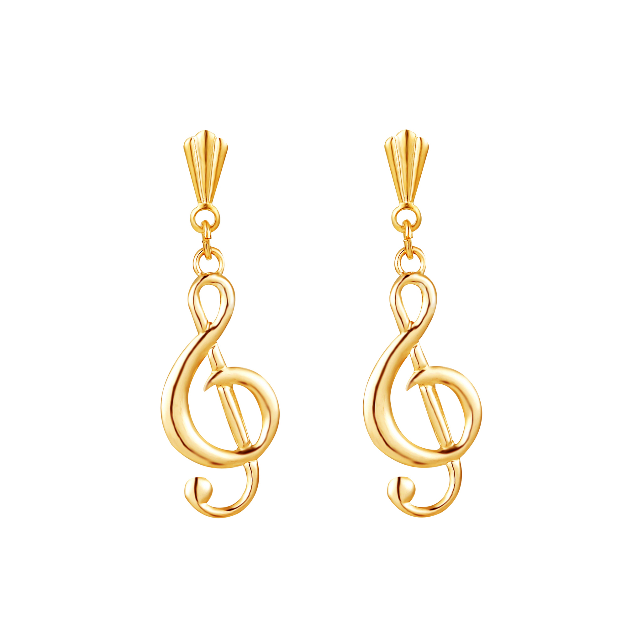 gold treble clef drop earrings in 9ct Yellow Gold shown as a matching front-facing pair