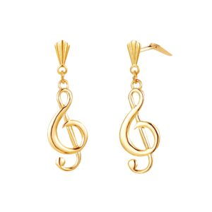 gold treble clef drop earrings in 9ct Yellow Gold with one earring front facing and one shown side on