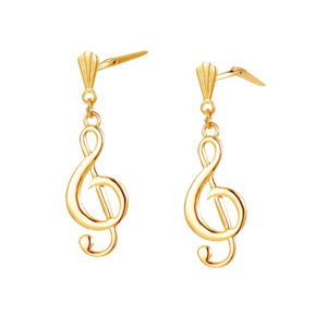 9ct Yellow Gold musical treble clef drop earrings with Andralok hinge fitting detail