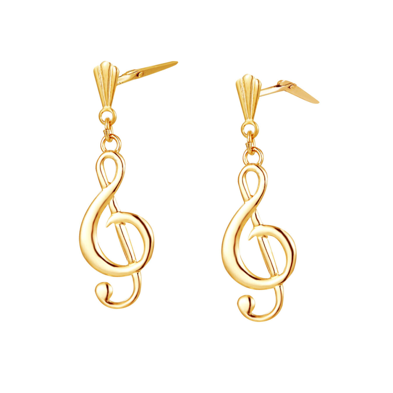 9ct Yellow Gold musical treble clef drop earrings with Andralok hinge fitting detail