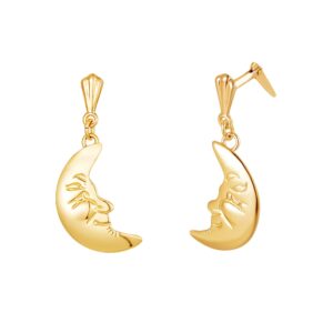 gold moon face drop earrings in 9ct Yellow Gold with one earring front facing and one shown side on
