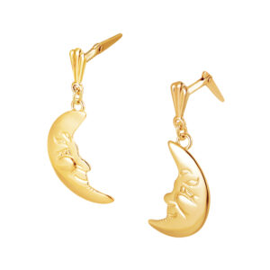 9ct Yellow Gold moon face drop earrings with sculpted crescent profile and Andralok hinge fitting