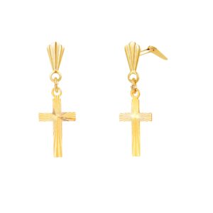 9ct yellow gold diamond cut cross drop earrings