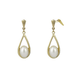gold pearl drop earrings in 9ct Yellow Gold shown as a matching pair on white background one front facing one to the side