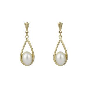 gold pearl drop earrings in 9ct Yellow Gold shown as a matching pair on white background