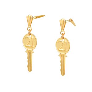 gold 21 key earrings showing Andralok hinge fitting