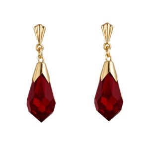 front view 9ct gold Andralok red crystal drop earrings