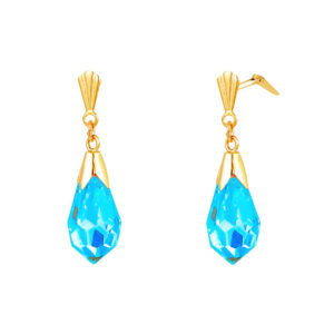 gold light blue crystal dangle earrings showing Andralok hinge fitting