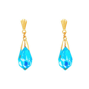 9ct yellow gold faceted light blue crystal drop earrings front view