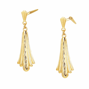 close-up of 9ct Yellow Gold pleated fan drop earrings with tapered fan detail