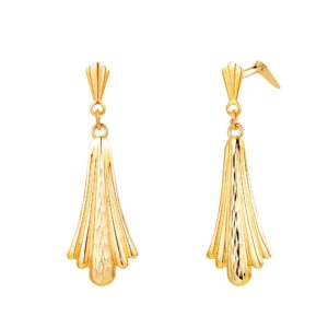 pair of 9ct Yellow Gold pleated fan drop earrings on white background