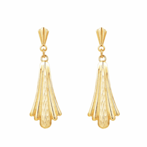9ct Yellow Gold pleated fan drop earrings shown hanging in a front-facing view