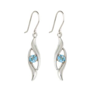 9ct white gold sky blue topaz flame hook wire drop earrings front view