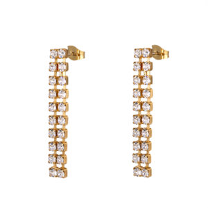 White crystal twin line drop earrings in gold plate