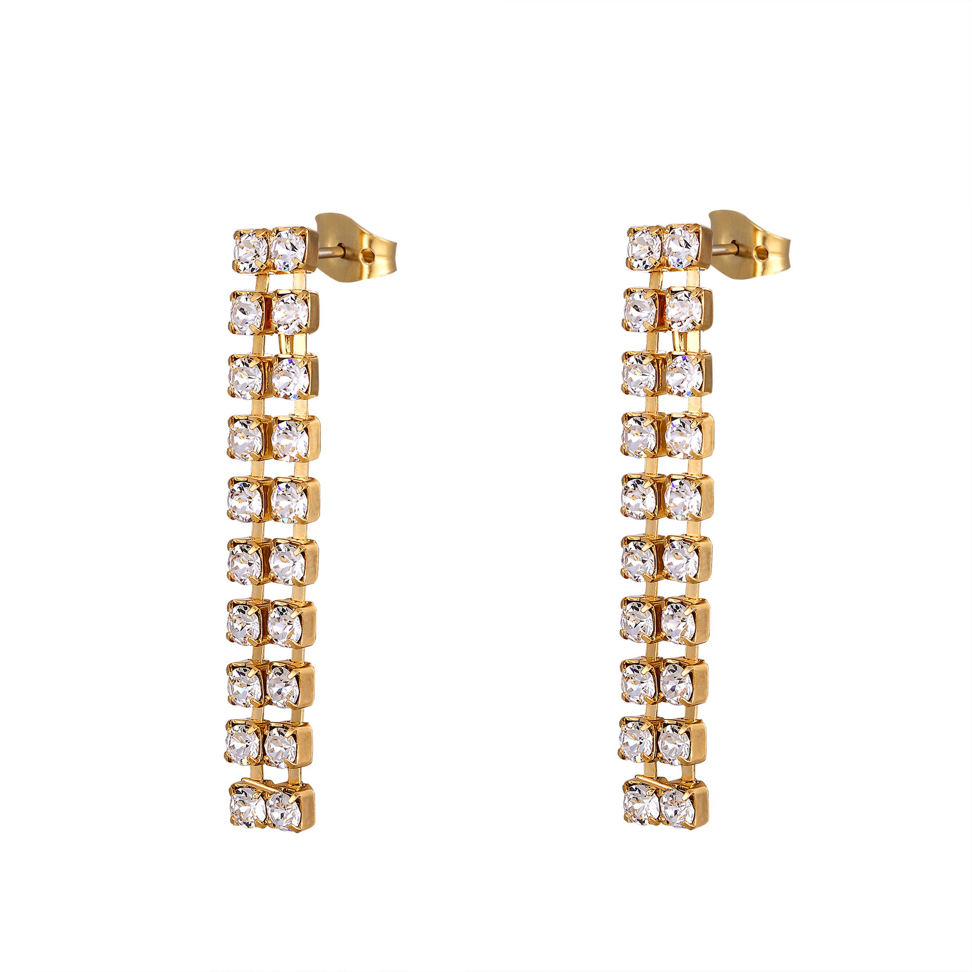 White crystal twin line drop earrings in gold plate