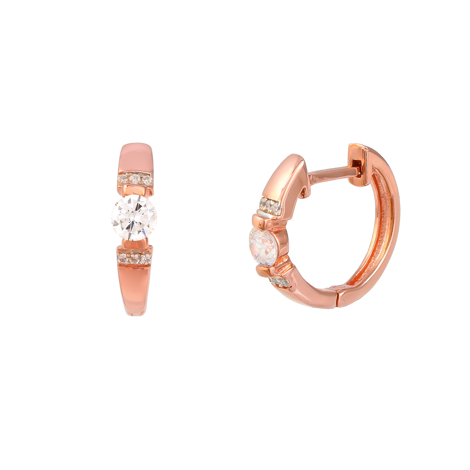 Rose Gold Plate on Sterling Silver huggie earrings with central stone detail