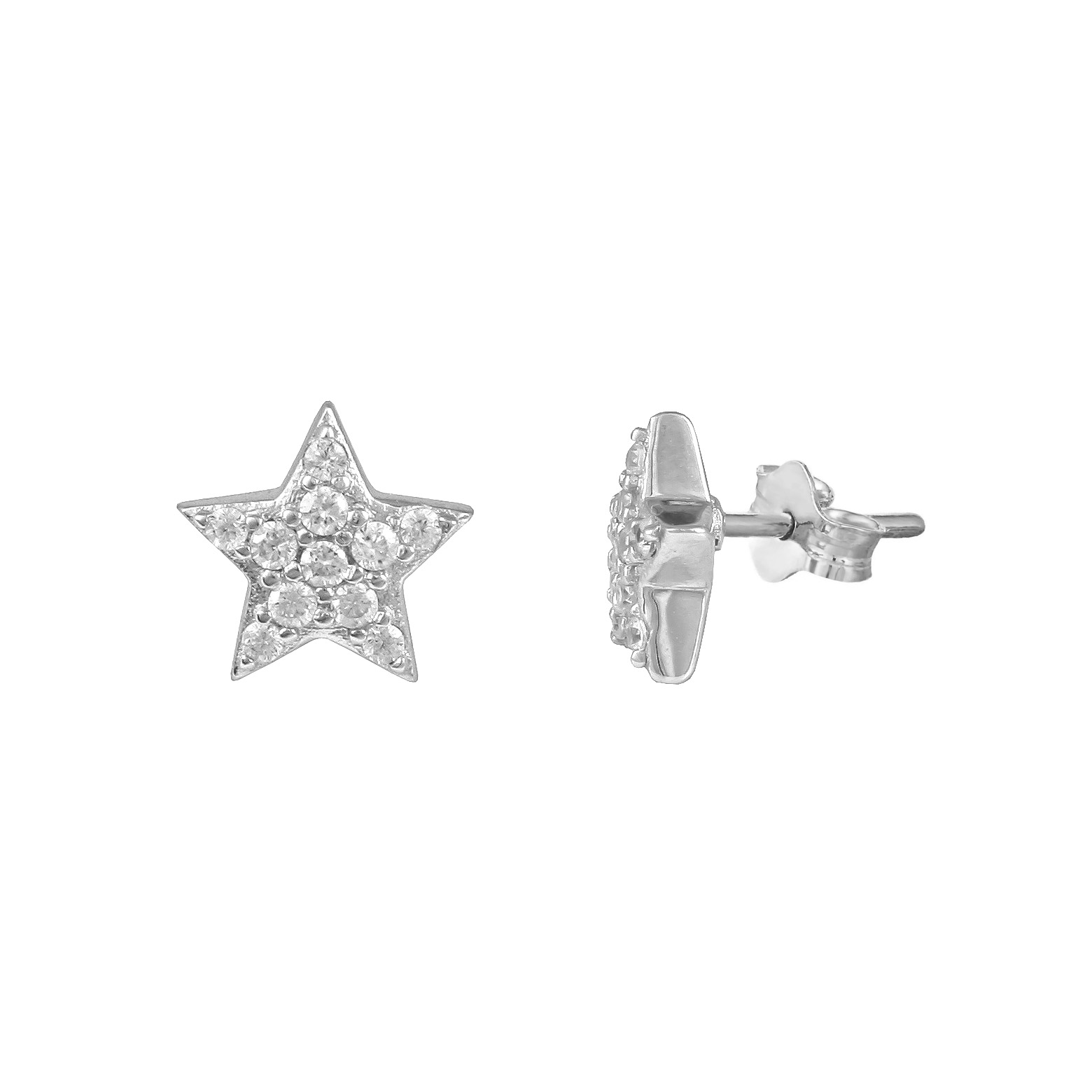 silver pave cz star stud earrings with a polished star shape
