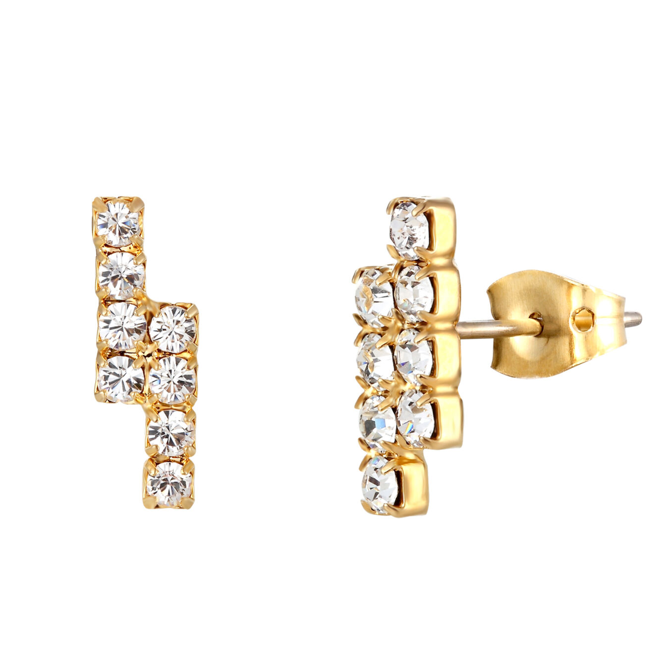 White crystal parallel stud earrings in gold plate