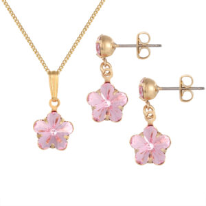 Pink crystal flower jewellery set in gold plate