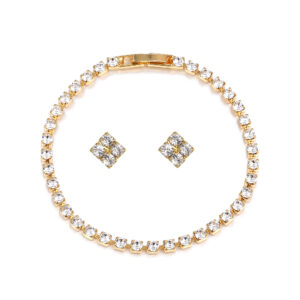 Crystal square stud earrings and bracelet set in gold plate