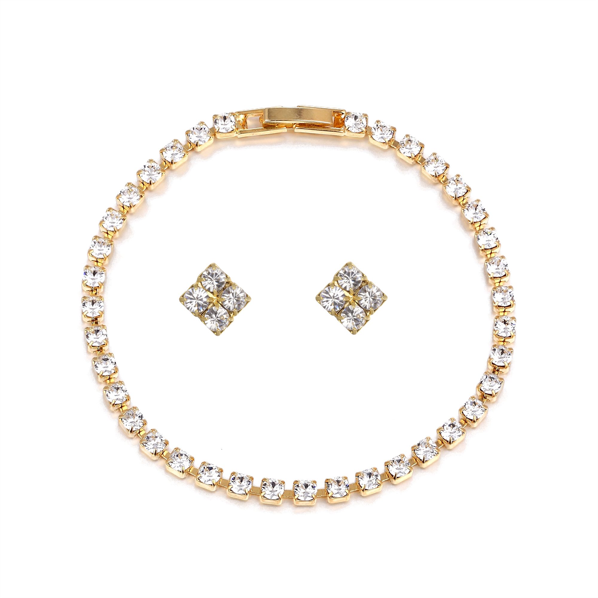 Crystal square stud earrings and bracelet set in gold plate