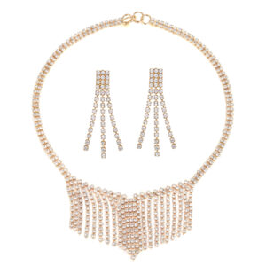 Crystal multi strand waterfall necklace set in gold plate