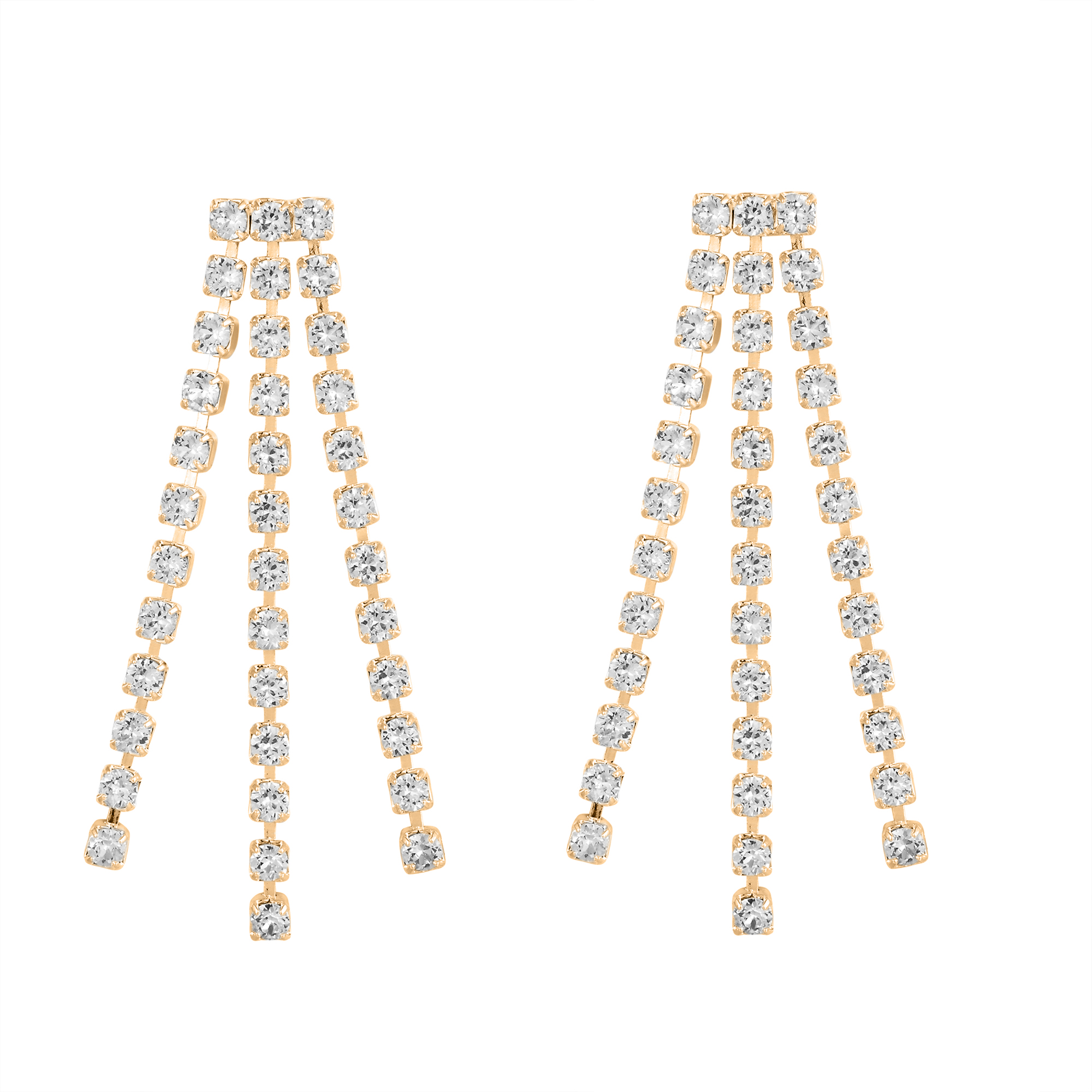 Triple strand white crystal drop earrings in gold plate