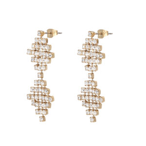 White crystal double square drop earrings in gold plate
