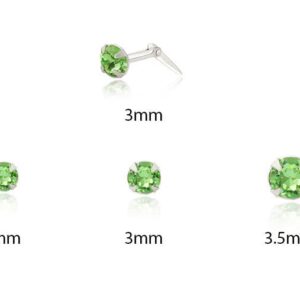 silver light green nose stud size guide showing 2mm, 3mm, 3.5mm options
