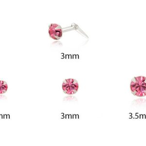 silver rose crystal nose stud size guide showing 2mm, 3mm, 3.5mm options
