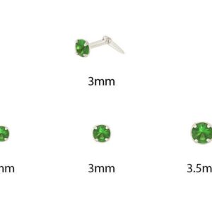 Size guide showing 2mm 3mm and 3.5mm emerald tops for nose stud