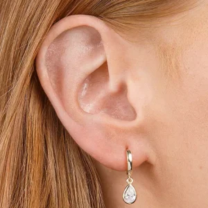 For You Collection 18ct Gold Plated Sterling Silver Teardrop CZ Charm Huggie Earrings75J796FRSP W01.jpg
