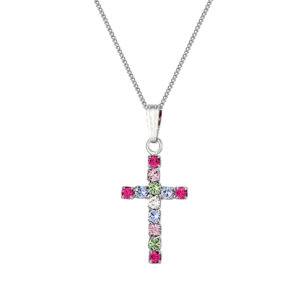 Multicolour crystal cross necklace in silver plate