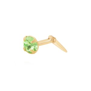 light green cubic zirconia nose stud in 9ct Yellow Gold, angled product image with Andralok fitting detail