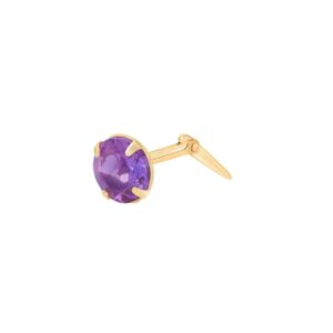 genuine amethyst nose stud in yellow gold with round purple gemstone